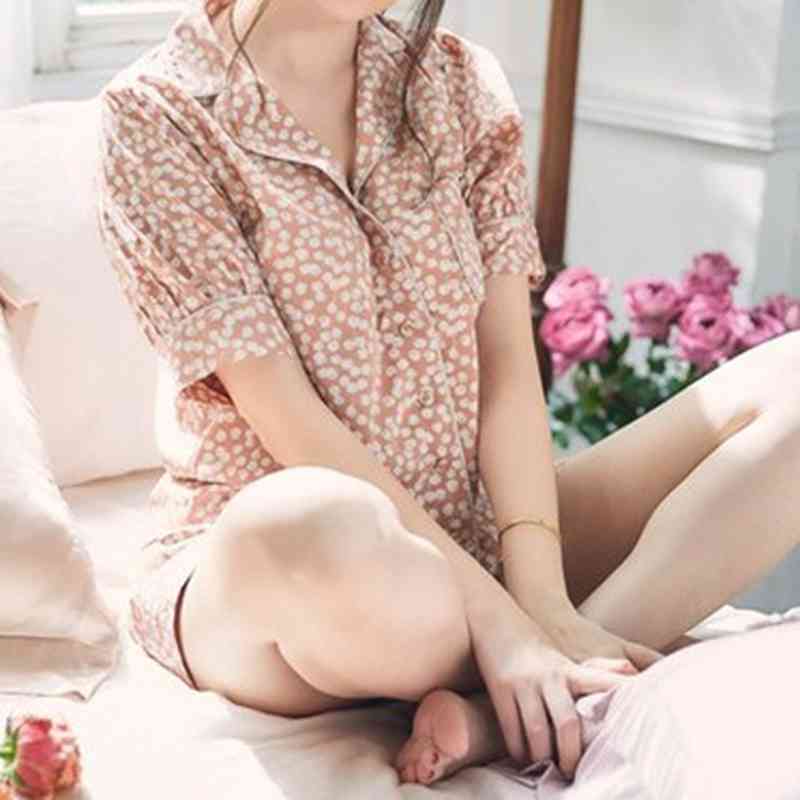 

Vintage Print 2 Pcs Women Set Turn Down Collar Short Sleeve Shirt + High Waist Wide Leg Shorts Spring Pajama Suit 210524, Apricot 2 pcs set