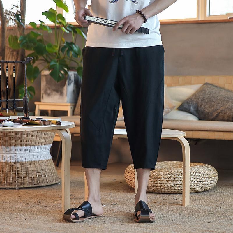 

Men's Pants Chinese Style Splicing Elastic Waist Drawstring Jogger Loose Trousers Summer Linen Men Casual Calf Length, Black