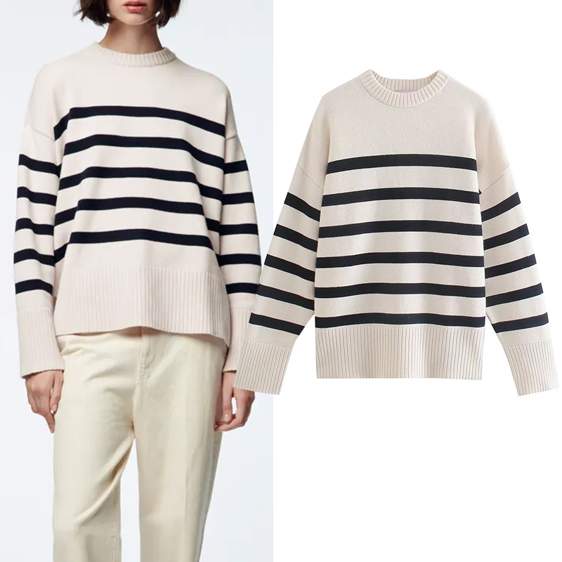 

Za Sweater pullover Fall new fashion stripe O-ne cotton 100% women sweater 2021 new street youth elegant warm pullover sweater, Default color