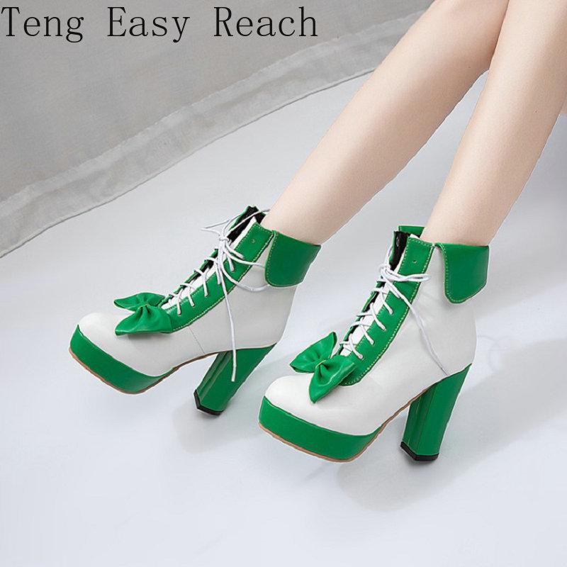 

Boots 2021 Green Yellow Block High Heels Ankle Women Shoes Sweet Lolita Cosplay Platform Ladies Woman Big Size 47 48, Black