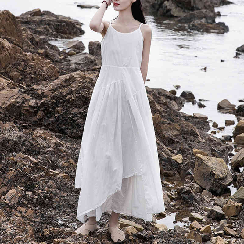 

Johnature Summer Women Dress Cotton O-Neck Sleeveless Vintage Solid Color Dress Irregular Loose Vests Dresses 210521, Caramel