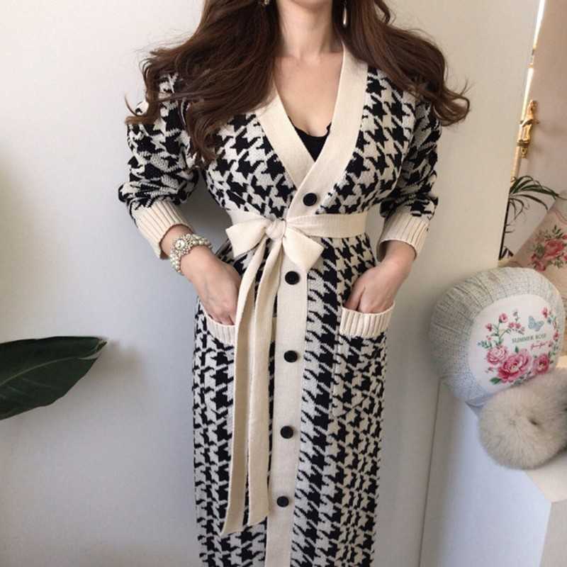 

Autumn Houndstooth Knitted Long Cardigans Sweaters Women Sleeve Singe-breasted V-neck Elegant Sashes Vintage Fashion Dress 210526, Photo color