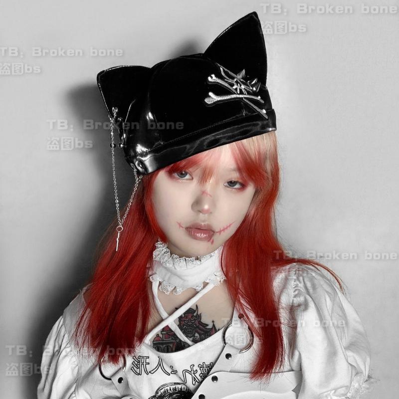 

Stingy Brim Hats Ruibbit Arrival Punk Japanese Harajuku Girls Cute Ear Hair Hat Plus Skeleton Cloth Chain Women Caps Chic Streetwear, Blue;gray