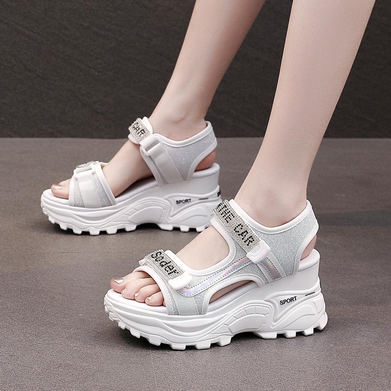 

Dress Shoes Women Sandals Summer 2021 Sponge Cake Thick-Soled Rhinestone Casual Sports Beach Ladies Explosive Wedge, Beige