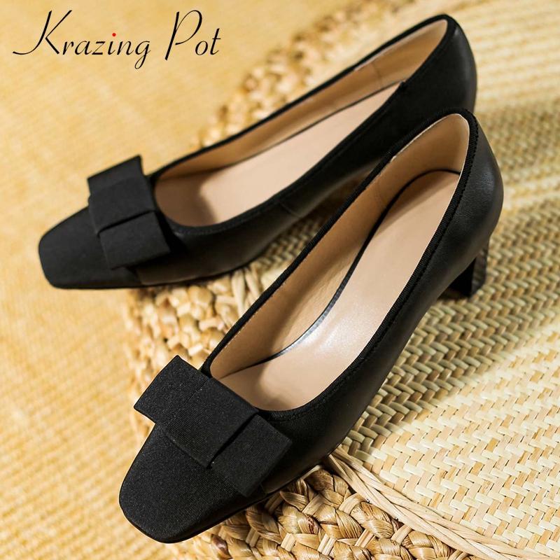 

Dress Shoes Krazing Pot French Romantic Sheep Leather Butterfly-knot Patchwork Square Toe Thick High Heel Slip On Gorgeous Women Pumps L37, Black