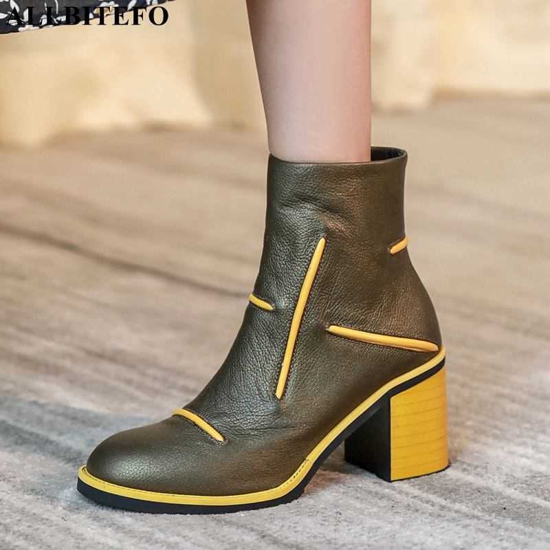 

ALLBITEFO mixed colors design soft genuine leather women boots thick heel winter shoes fashion ankle boots high heel boots 210611, As picture
