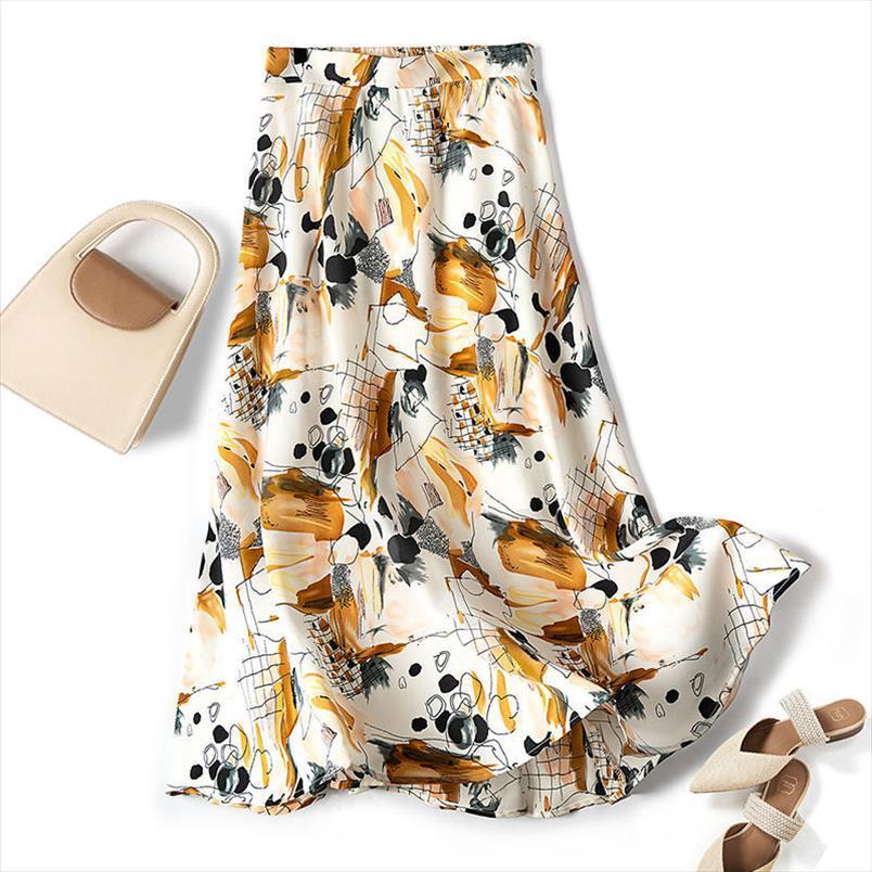 

floral chiffon spring and summer women skirt fashion drape high waist slimming graffiti print mid length a line, Black