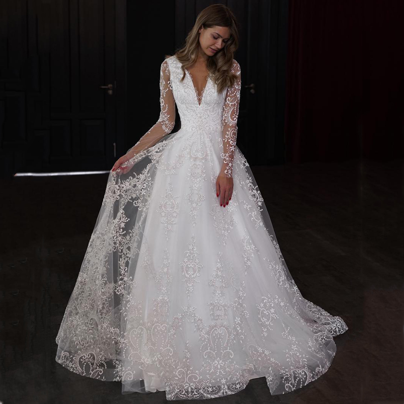Customized Long Sleeves A Line Lace Wedding Dresses Sweep Train V Neck Tulle Summer Plus Size Bridal Gowns Vestios De Novia-image-706768225