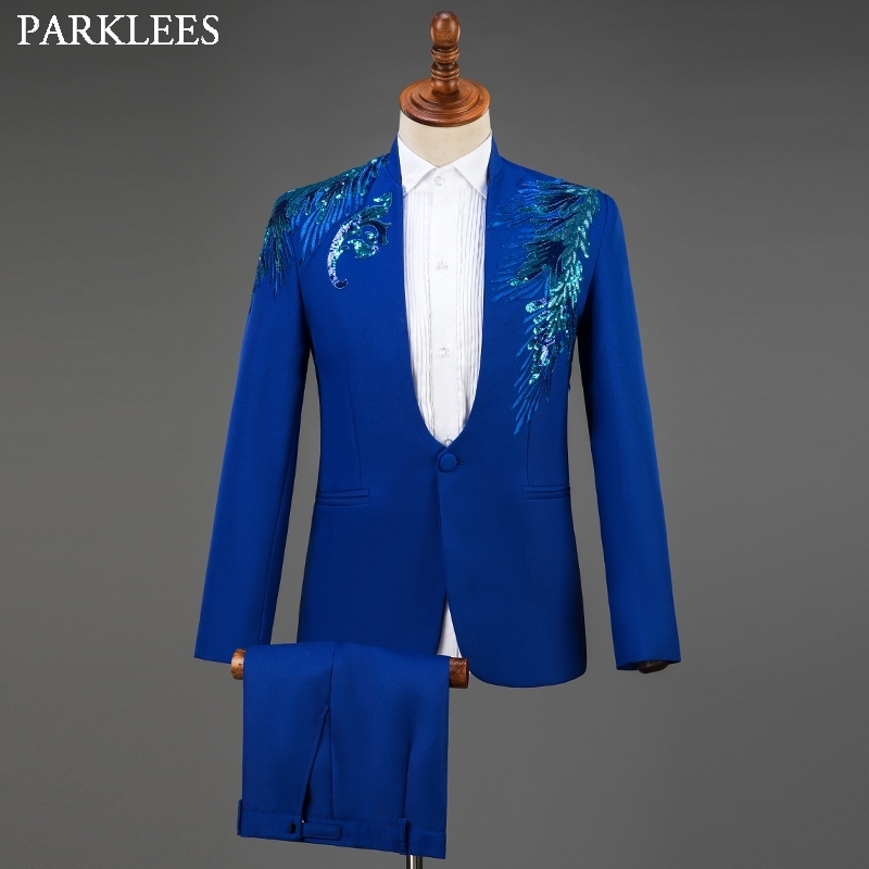 

Royal Blue Floral Sequin Wedding Suits for Men Tuxedo Stage Performance Men Suit Set Fashion Party Mens Suits with Pants Homme 210524