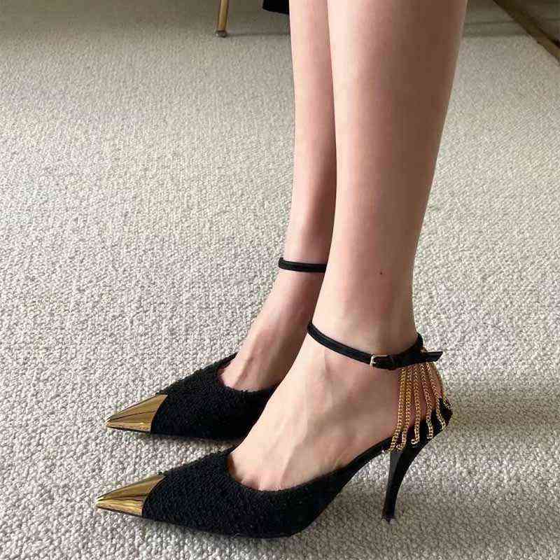 

Women's sports shoes Spring 2022 ys L chain high metal pointed thin heels sexy sandals black banquet single women, Black tip