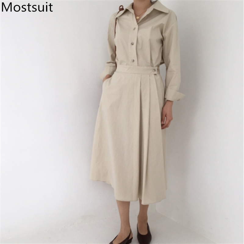 

Korean Solid Single-breasted Shirt Dress Women Autumn Long Sleeve Turn-down Collar Fashion Casual Ladies Dresses Vestidos 210518, Brown