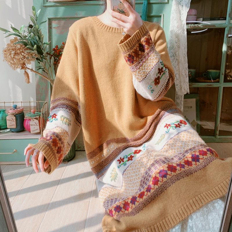 

Casual Dresses Autumn Winter Ethnic Mori Girl Style Hand Embroidered Loose Long Pullover Jacquard Crochet Sweater Wool Knitting Dress For Wo, Yellow
