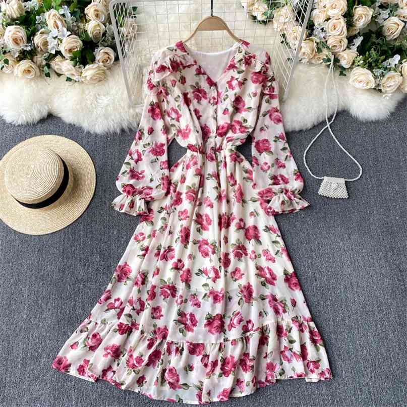 

Spring Fashion Women's Dress Sweet Ladies Long Sleeve Floral Print Ruffles Elastic Waist Casual Chiffon 210603, Black