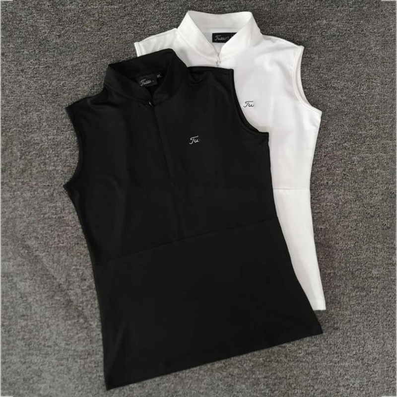 

Stand-up Collar Golf Women's Sleeveless T-shirt White Black Slim Quick-drying Stretch Short-sleeved Top