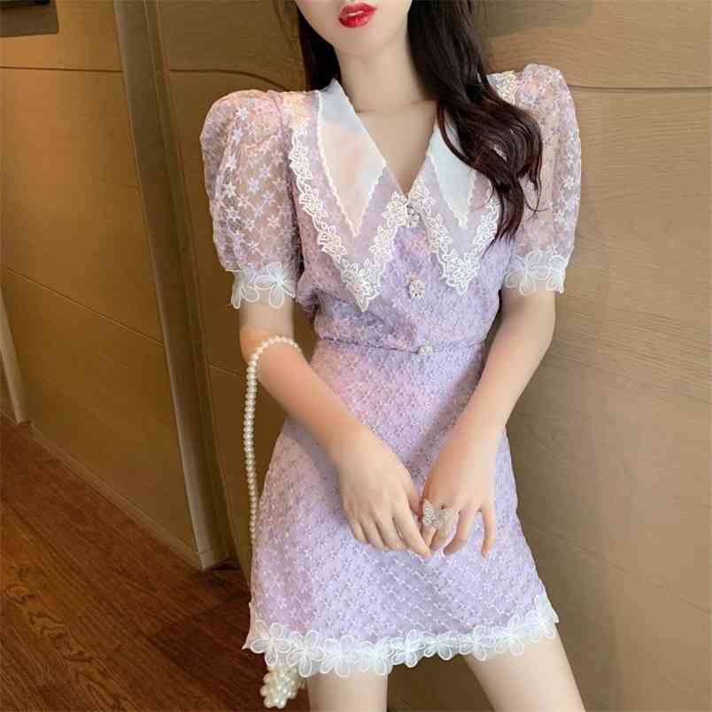 

Summer Fashion Two Piece Set Women Sweet Lace Lapel Puff Sleeve Embroidery Shirt Top + High Waist A-Line Mini Skirt Suit 210519, Purple