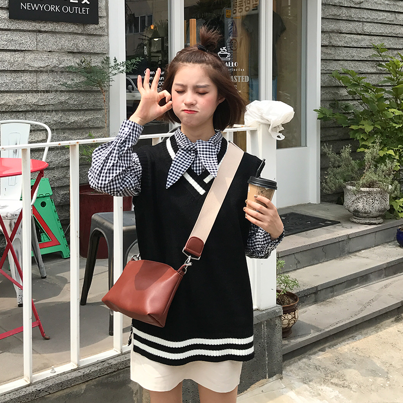 

6 colors autumn and winter preppy style v neck stripe patchwork knitted vest sweaters womens pullovers womens (X610), White;black