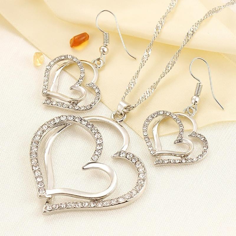 

Earrings & Necklace Cute Heart Shaped Neclace Sets Jewelry Crystal Kid Children Lovely Gold Color For Girl Gift, Silver