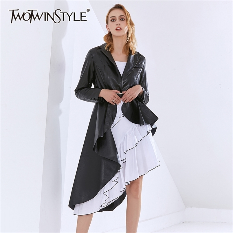 

Asymmetrical Black PU Leather Trench For Women Lapel Long Sleeve Casual Windbreakers Female Fashionable Style 210524