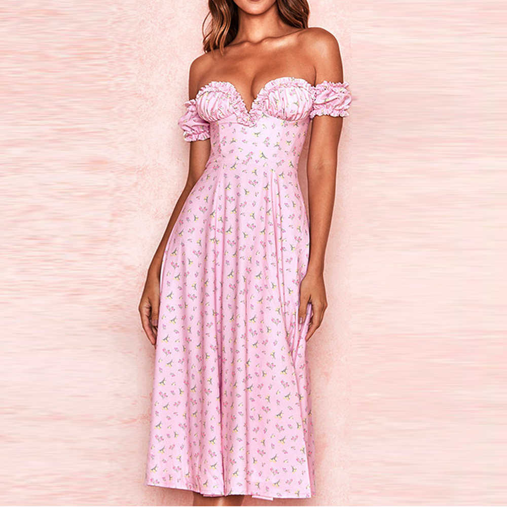 

Pink Floral Midi Dress Women Sexy Off Shoulder Ruffle Long Dresses Summer Vintage Strapless Tunic Side Split Print Beach 210526, Wine red