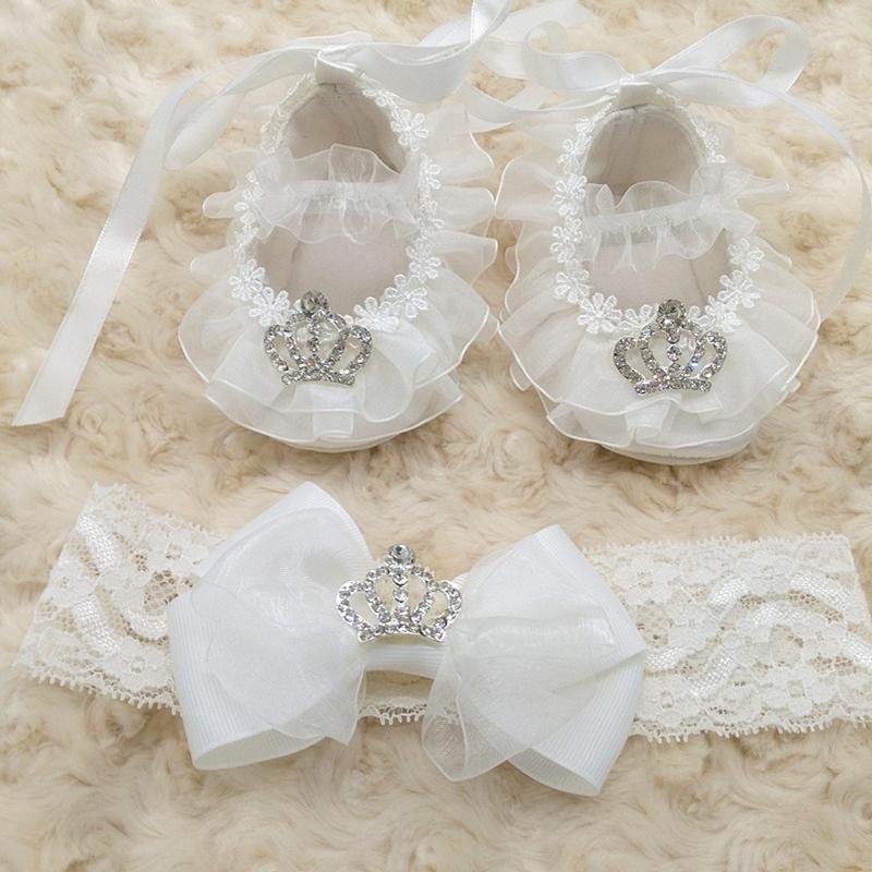 

First Walkers 1set(1pair Shoes+1pcs Headband) Creative Custom Christening White Princess Baby Girl Soft Soled Little Crown Lovely Prewalker