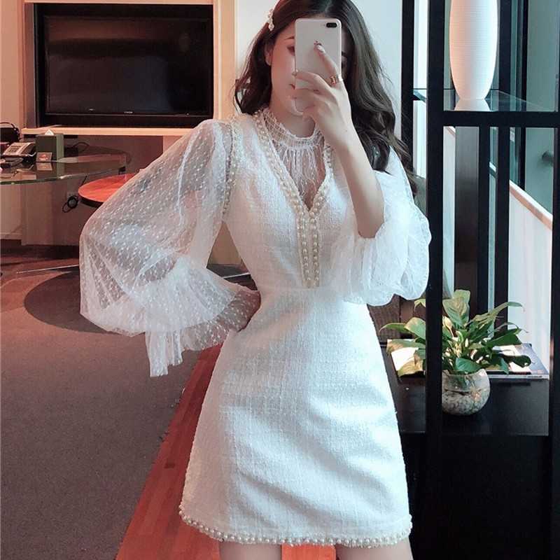 

spring Women Elegant Formal Gown mini Dress Female Stylish short Party Beaded Embellished Mesh Patchwork Slit 210601, White