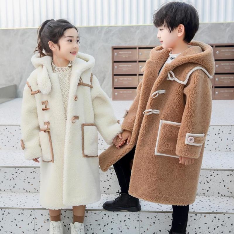 

Jackets 2022 Winter Real Fur Coats Casual Sheep Shearing Plush Warm Hooded Lamb Kids Wool Outerwear Overcoats Y3589, Blue;gray