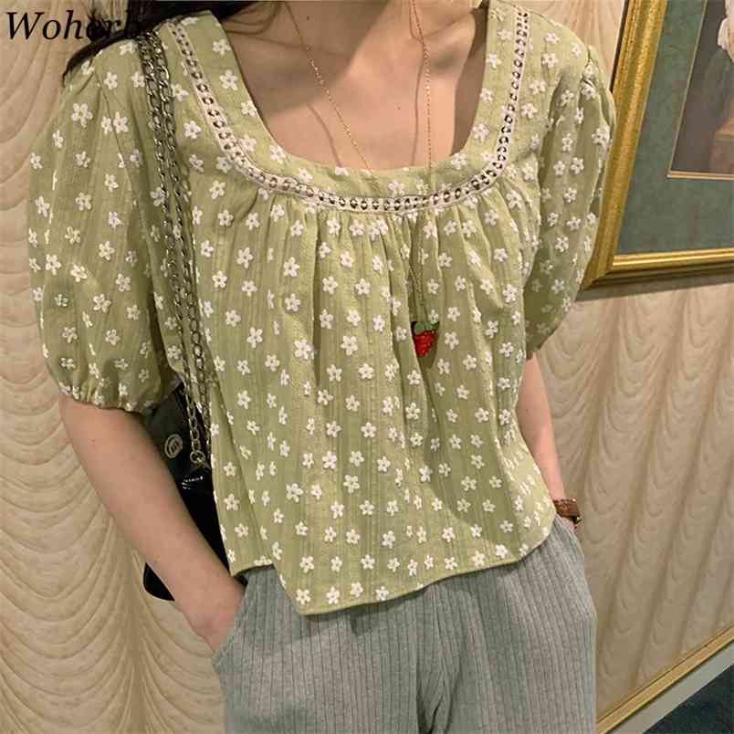 

Floral Embroidery Hollow Shirt Summer Chic Vintage Tops Korean Elegant Square Collar Short Puff Sleeve Blusas 210519, Green