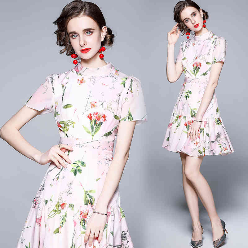

Gentle wind summer short print short-sleeved slim light luxurious temperament elegant skirt lotus leaf dress women 210525, Pink