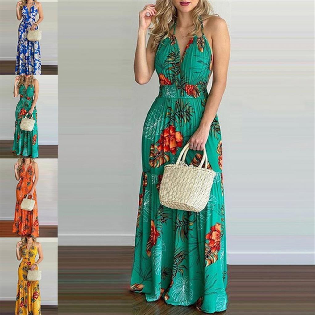 

sales floral print halter summer women dress backless large hem beach, Black;gray