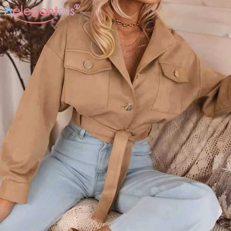 

Aelegantmis Cropped Faux Suede Jacket Women with Belt Korean Slim Vintage Coats Female Casual Short Outerwear Streetwear Fashion 210607, Khaki