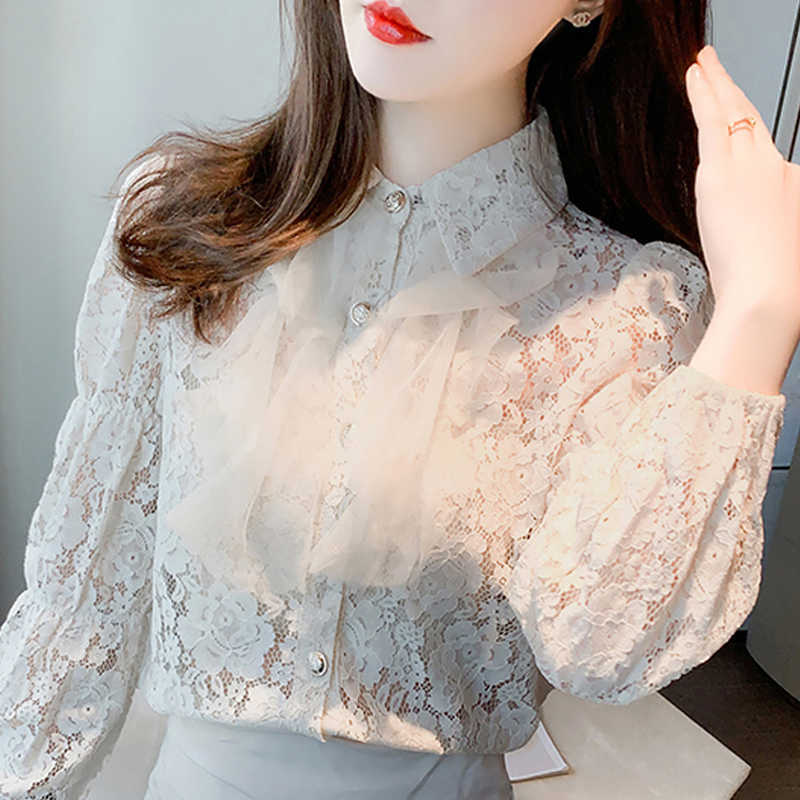 

Retro Elegant Temperament Lace Blouse Women Blusas Mujer De Moda Long Sleeve Shirt Women Turn Down Collar Women Shirt E503 210602, Beige