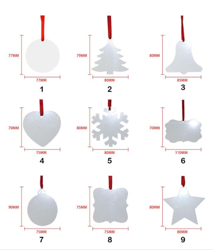 

Sublimation Blank Christmas Ornament Double-Sided Xmas Tree Pendant Multi Shape Aluminum Plate Metal Hanging Tag Holidays Decoration Craft DHL Ship FY4942
