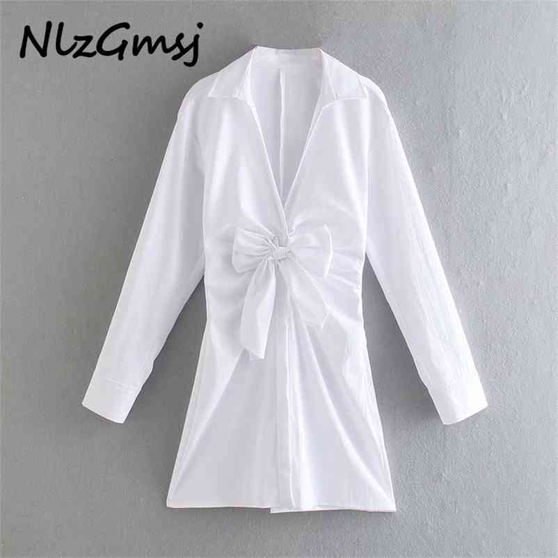 

Dres White Shirt Sexy V-neck Big Bow Chic Mini Long Sleeve Female Party Clothes 210628, As picture