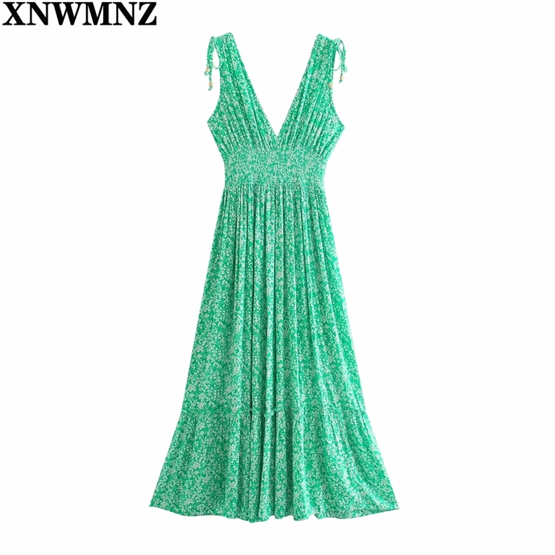 

Green Floral elastic waist Long Dress Women Summer v-neck Tank Woman Boho Beach Casual es women' robe 210520