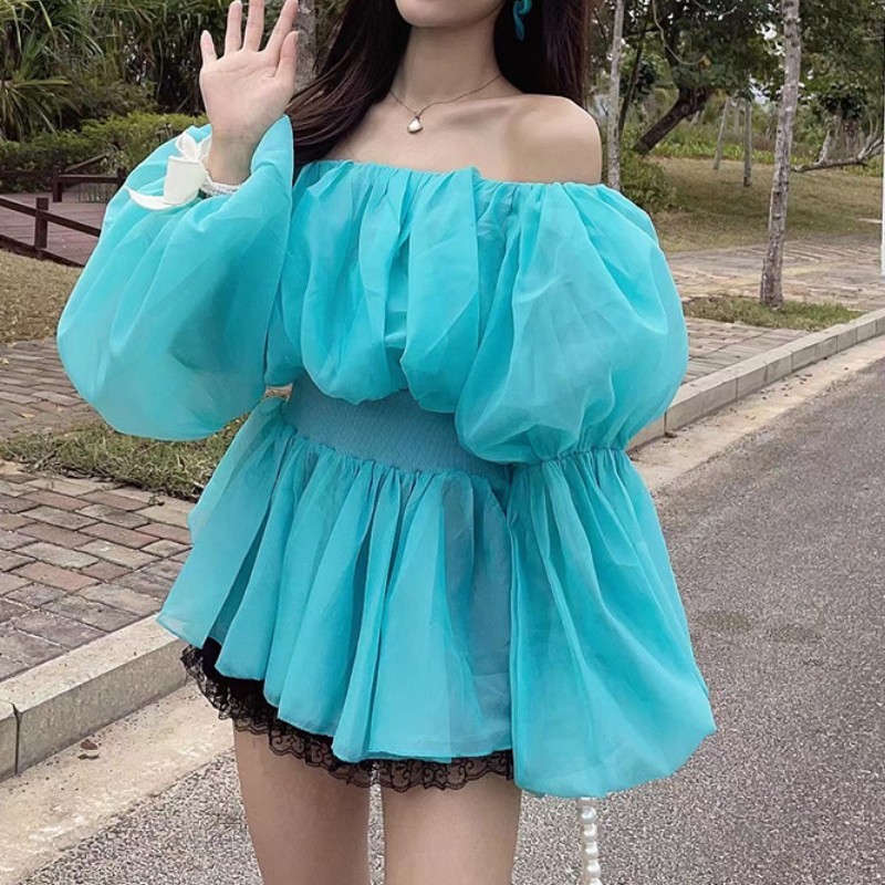 

Spring Summer Sexy Slash Neck Chiffon Blouses Women's Elegant Ladies Fashion Puff Sleeve Casual Sweet Top 210518, Photo color