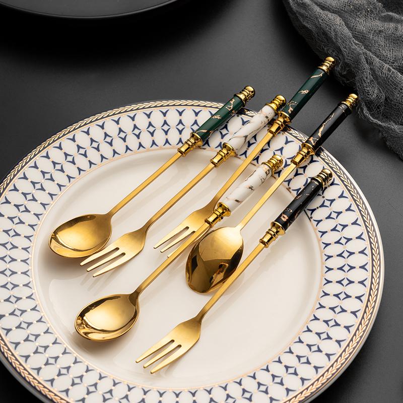 

Spoons 2Pcs/Lot Ceramic Handle Spoon Ice Cream Fruit Coffee Teaspoon Dessert Cake Fork Stainless Steel Cutlery Set Tableware
