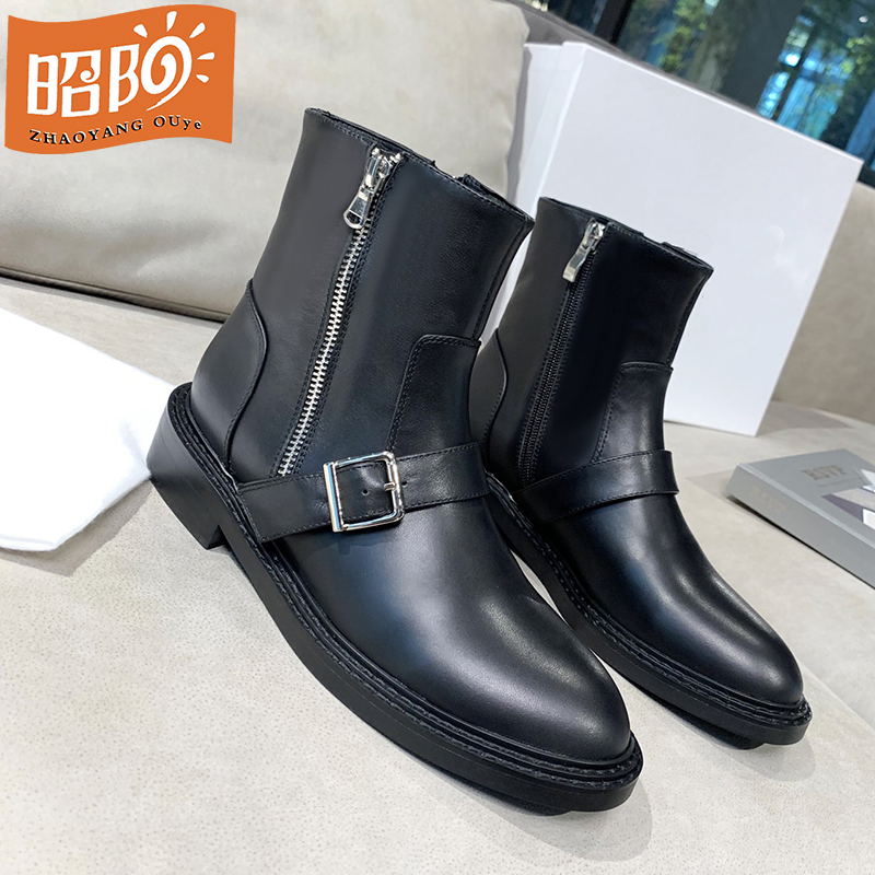 

Side zipper leather Martin boots spring / summer 2022 new women's shoes chimney English flat bottomed Chelsea boots, Black