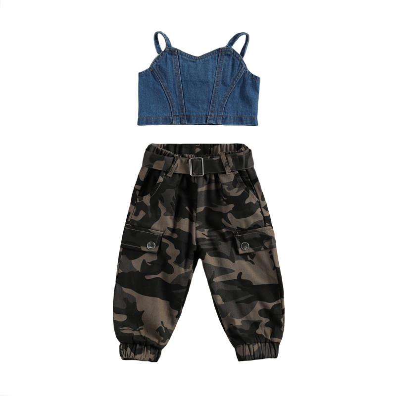 

Clothing Sets 2-6T 2Pcs Toddler Girl Outfits, Casual Button Down Denim Crop Tank Fashion Tops + Camouflage Pants Set Summer, Blue