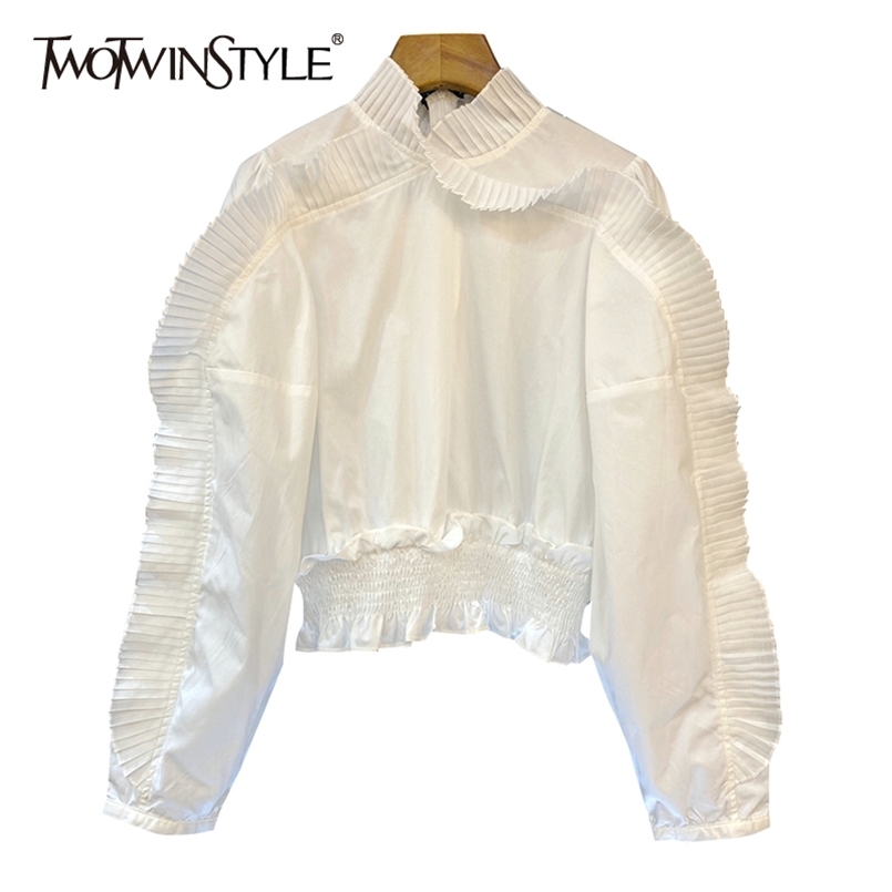 

White Patchwork Pleated Shirt For Women Turtleneck Long Sleeve Elegant Short Blouse Female Fashion Clothing 210524, Black