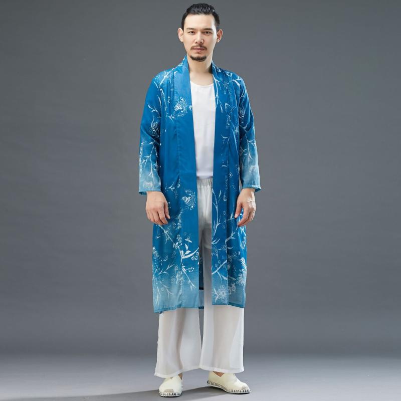 

Summer Men's Blue Dyed Chinese Style Long Thin Cardigan Trench Coat Top Vintage Man Shirt Jacket Male Sun Protection Clothing Coats