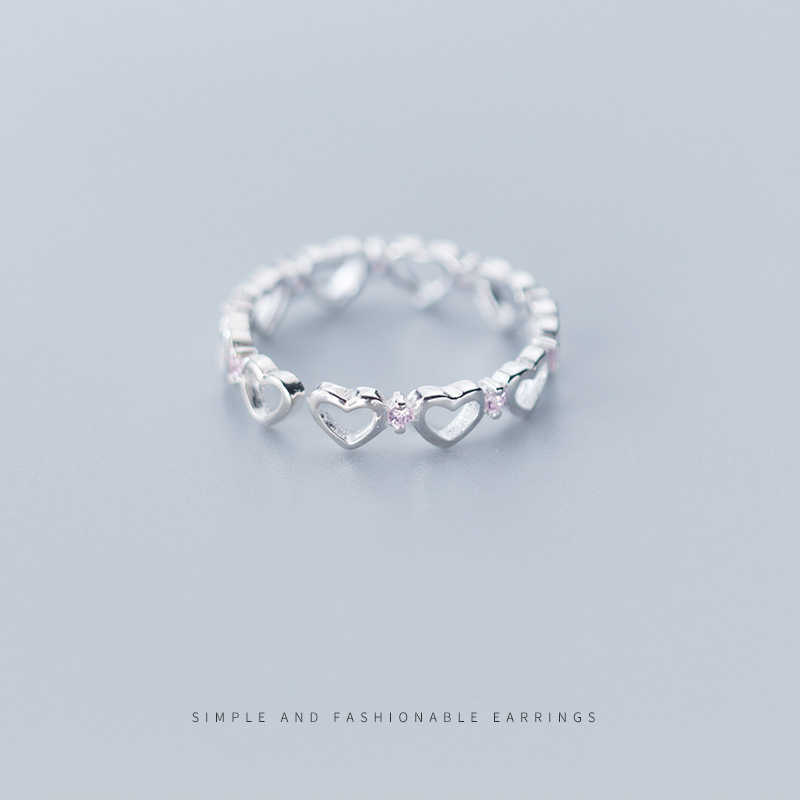 

Fashion Stackable Hearts Pink Crystal Ring for Women Pure 925 Sterling Silver Open Adjustable Finger Fine Jewelry 210707