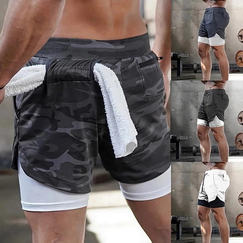 

Gym Clothing 2021 Men's Shorts Sports Camouflage Running Short Homme 2 In 1 Quick Drying Double Jogging Workout, Black