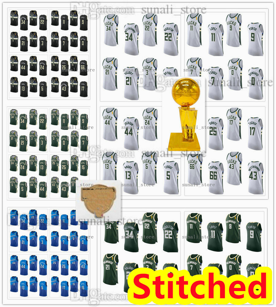 

2021 Finals Basketball Jersey Jrue Holiday Giannis Antetokounmpo Khris Middleton Brook Lopez Bobby Portis Donte DiVincenzo Bryn Forbes Champions Patch Stitched, Men white