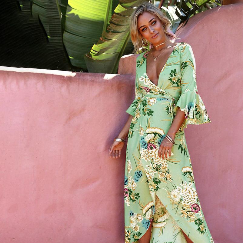 

Women Dress Floral Print Summer Maxi Vintage V Neck Sundress Beach Spring 3 4 Flare Sleeve Boho Vestidos, Black;gray