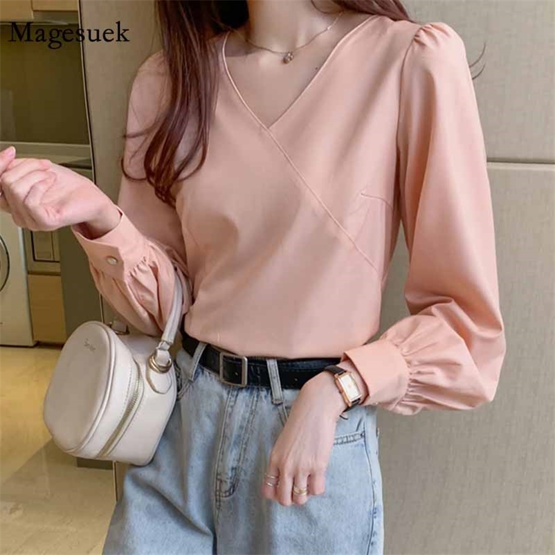 

V-Neck Lantern Long Sleeve Spliced Blouse Women Elegant Solid Pullover Loose Tops Autumn Ladies Shirt Blusas Mujer 11374 210518, Picture