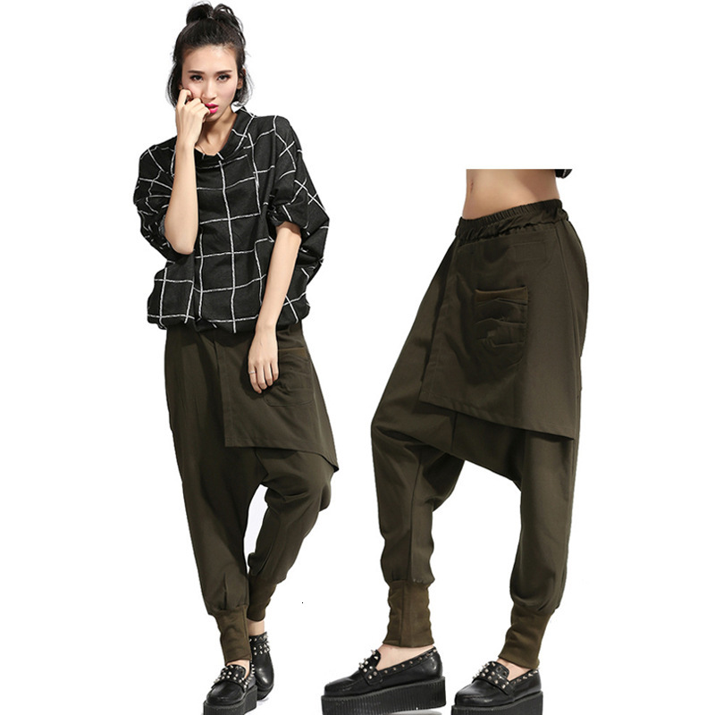 

pants trousers women's clothing 2021 spring product personality elastic waist loose fake two pieces harlan hanging crotch leisure leg, Black;white