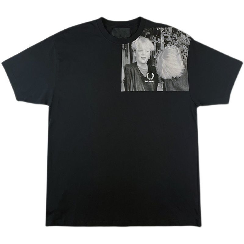 

men and women cotton raf 19FW simons punk metal subculture portrait printed round neck loose short sleeve T-shirt, Black