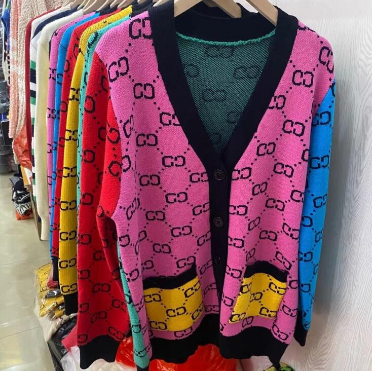 

Women's Knitted Cardigan Luxury Contrast Design Stripe Crown Pattern V Neck Button Long Sleeves Sweaters Wholesale Female Clothes, 08