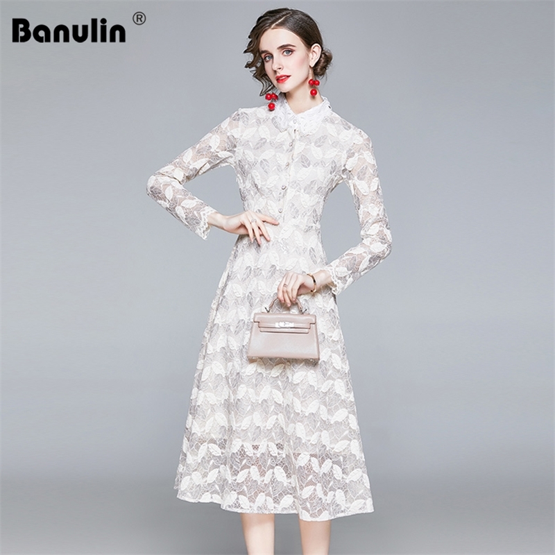 

Banulin Women Elegant Bodycon Lace Dress Party Casual Runway Vestidos Autumn Winter Vintage Apricot Sexy Midi Dresses 210603