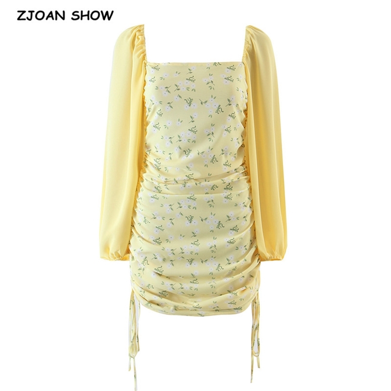 

Sexy Slash Collar Spliced Floral Print Women Dress Ladies Dropped Ruched Adjust Robe Long sleeve Bodycon Mini Party 210429, Yellow